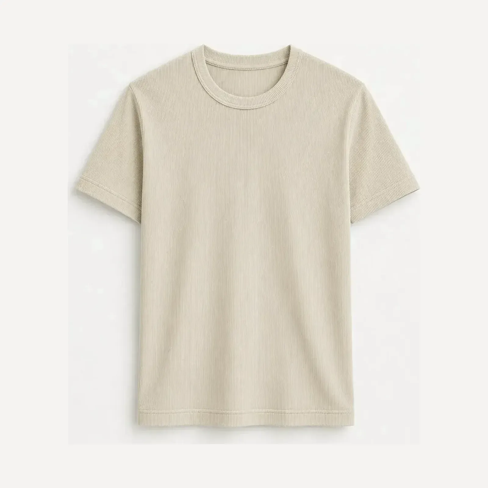 Beżowy t-shirt Antioch z krótkim rękawem o delikatnie melanżowej fakturze, z okrągłym dekoltem, ujęcie produktowe.