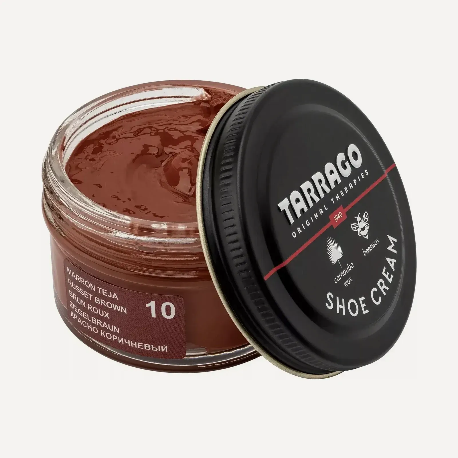 A round pot of Tarrago Shoe Cream 50 ml for smooth leather.