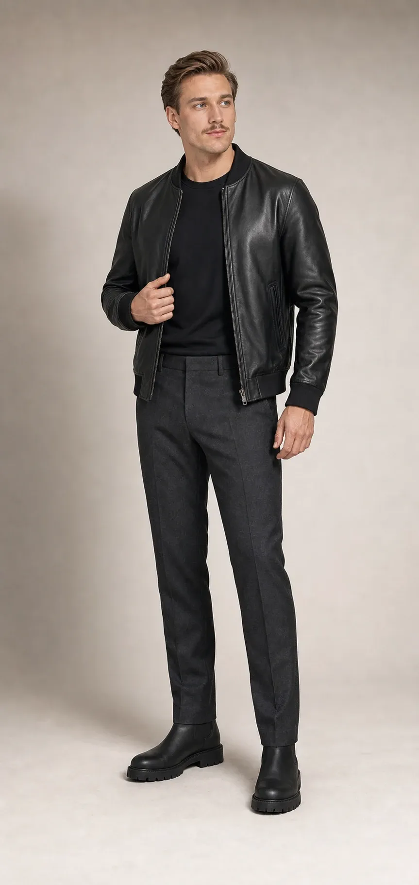 Wygenerowany podgląd stylizacji Elegant-rock wieczorem na profesjonalnym modelu w czarnej skórzanej kurtce, czarnym t-shircie, grafitowych spodniach i czarnych botkach Chelsea.