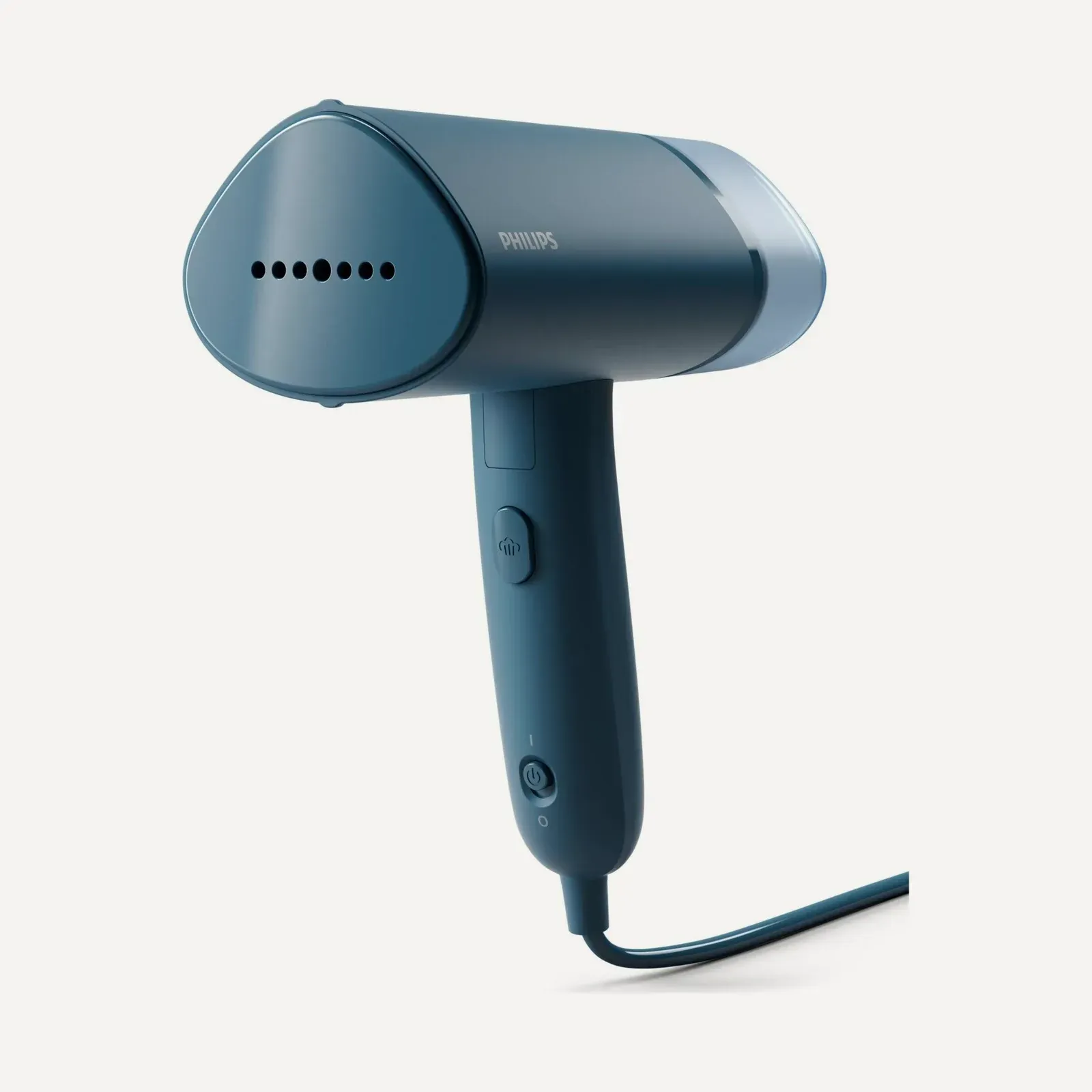 Philips Series 3000 STH3000/20 — ręczna parownica do ubrań w niebieskiej obudowie, ujęcie pod kątem.
