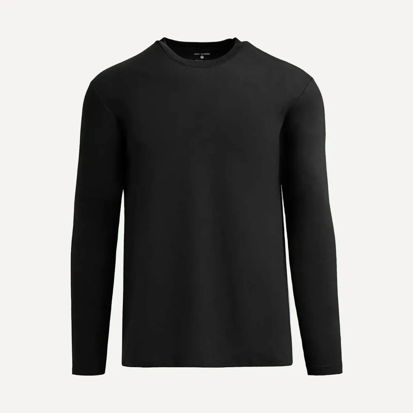Czarny longsleeve z okrągłym dekoltem, gładki, z długim rękawem, ujęcie produktowe na jasnym tle.