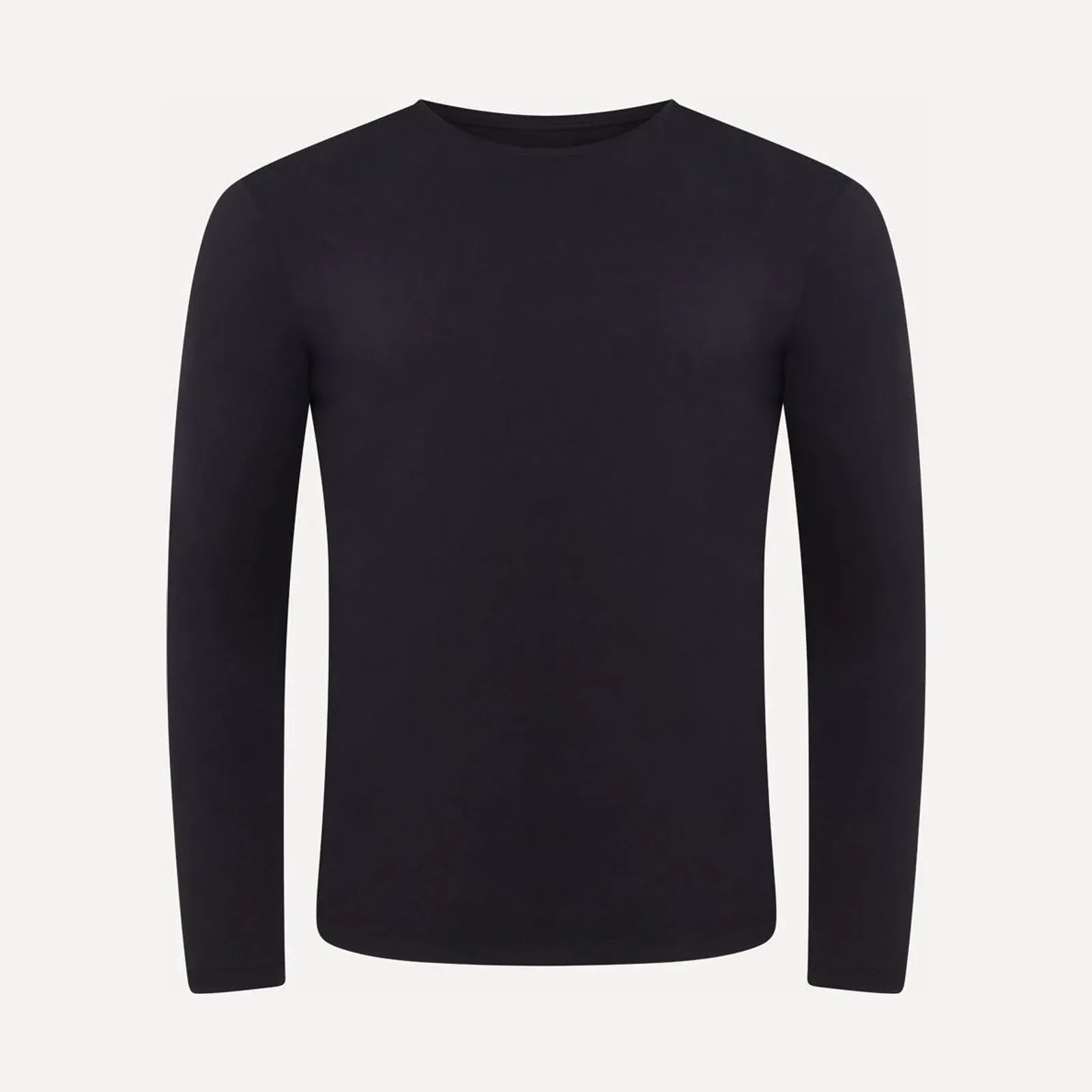 Czarny longsleeve z okrągłym dekoltem, gładki, z długim rękawem, ujęcie produktowe na jasnym tle.