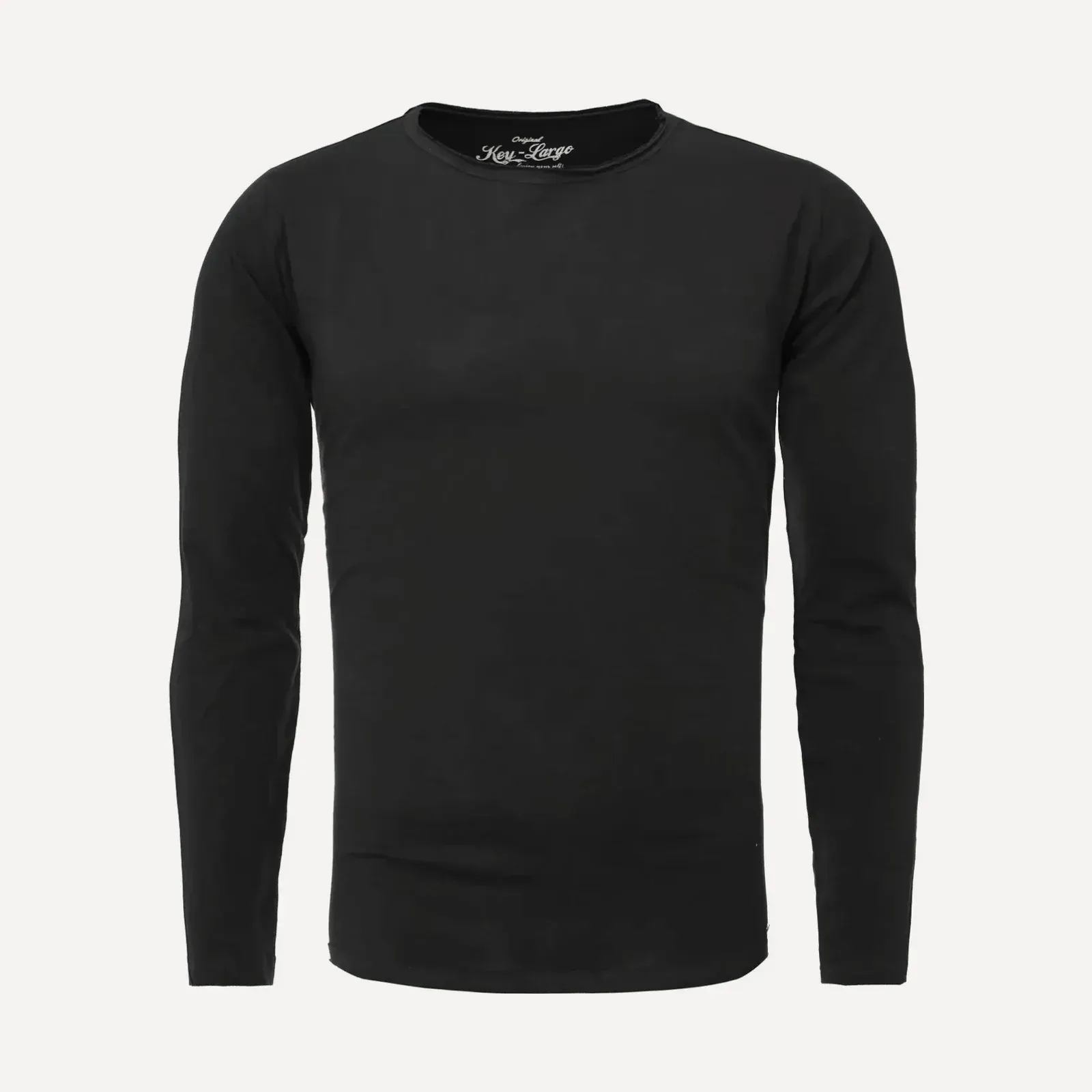Czarny longsleeve z okrągłym dekoltem, gładki, z długim rękawem, ujęcie produktowe na jasnym tle.