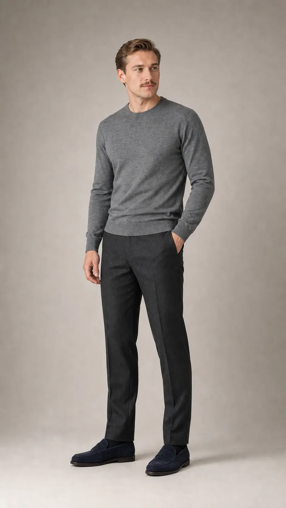Wygenerowany podgląd stylizacji Old money smart casual na profesjonalnym modelu w grafitowym swetrze merino, grafitowych wełnianych spodniach i granatowych zamszowych mokasynach.