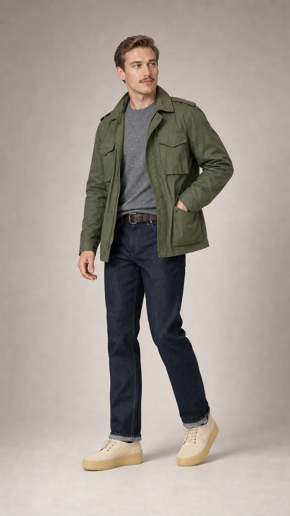Wygenerowany podgląd stylizacji Rugged-ivy na weekend na profesjonalnym modelu w oliwkowej kurtce field jacket, grafitowym swetrze, ciemnych jeansach, brązowym pasku i jasnych butach Clarks.