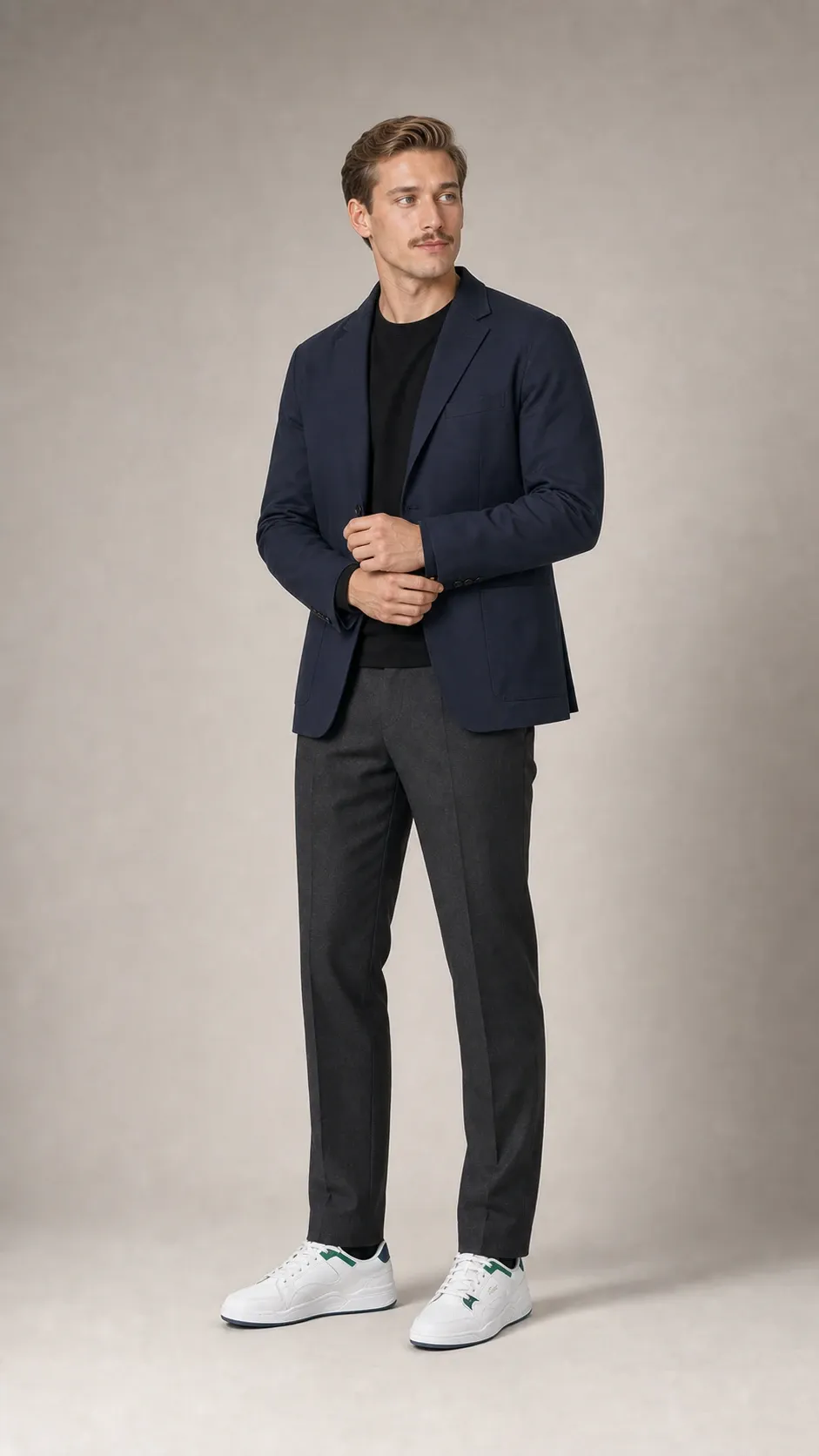 Wygenerowany podgląd stylizacji Smart casual z marynarką na profesjonalnym modelu w granatowej nieusztywnionej marynarce, czarnym t-shircie, grafitowych spodniach i białych sneakersach.