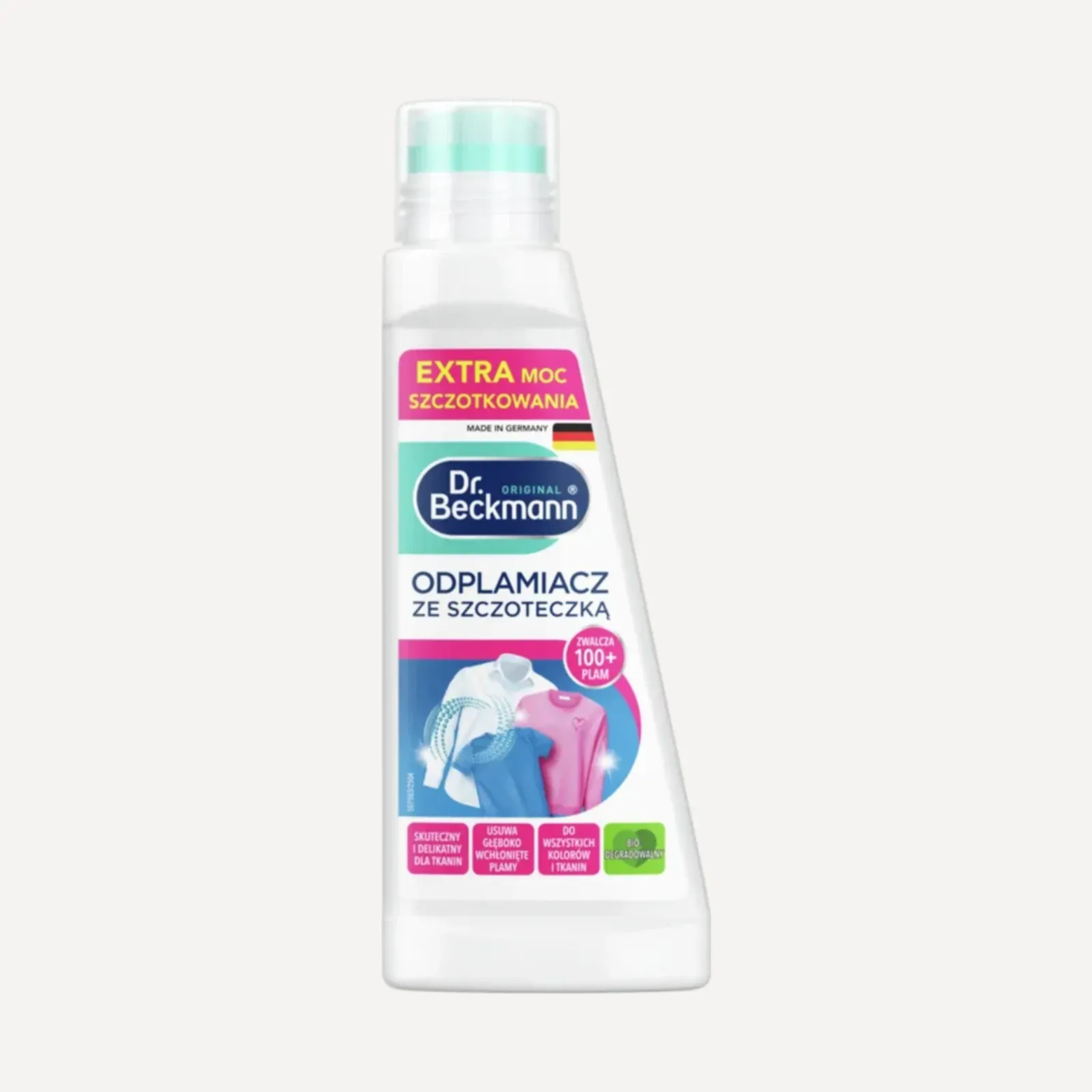 Biała butelka Dr. Beckmann Odplamiacz ze szczoteczką 250 ml z nakrętką-szczoteczką.