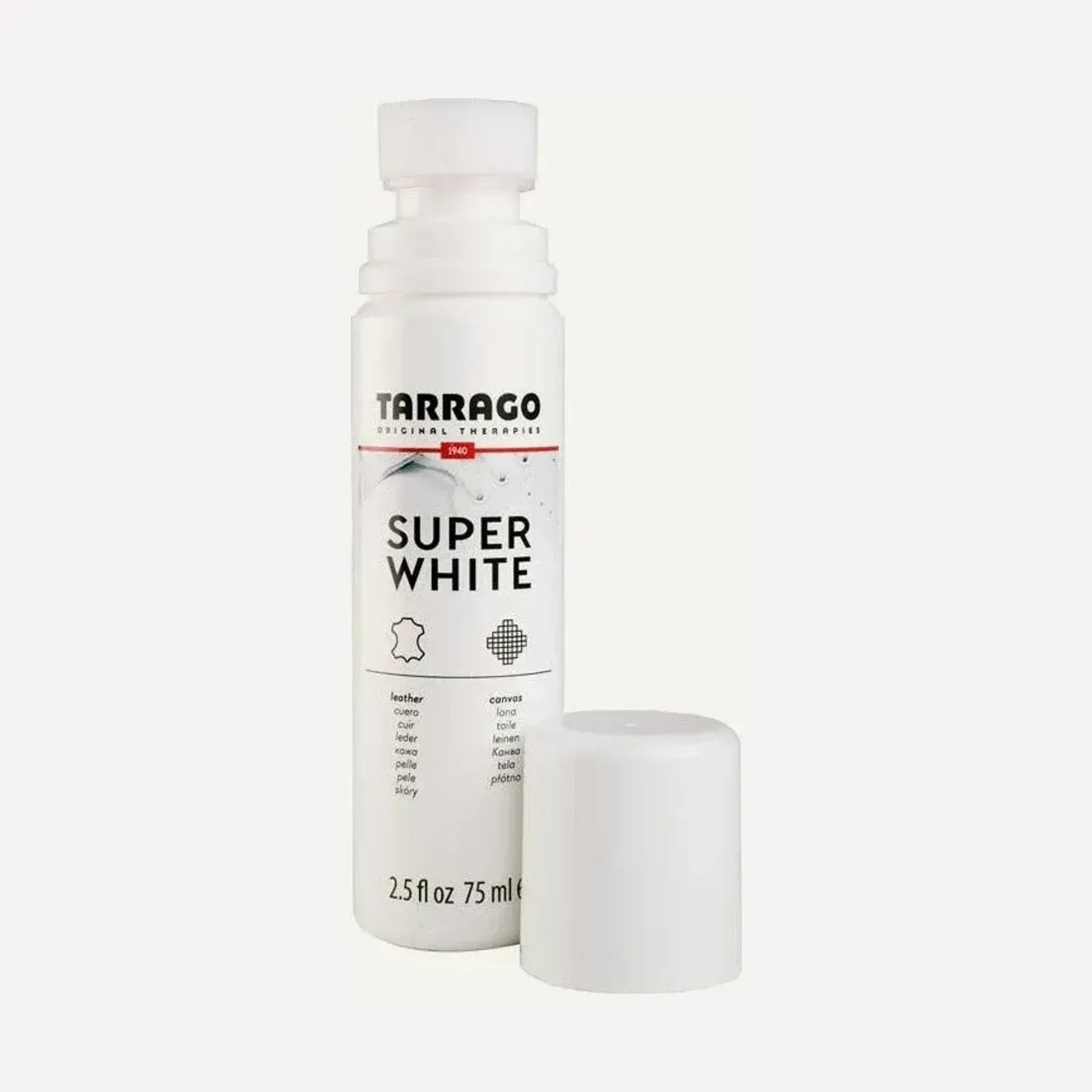 Tarrago Super White 75 ml — biały kryjący krem do butów z aplikatorem-gąbką.